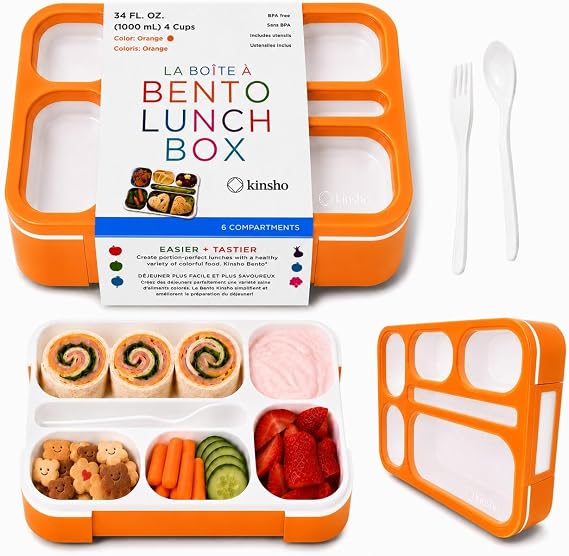 Bento Lunch Box for Kids, Boys, Girls, Adults, 6 Compartment Lunch-Boxes, Leakproof School Snack or Meal Portion Container, Utensils, BPA-Free, Orange