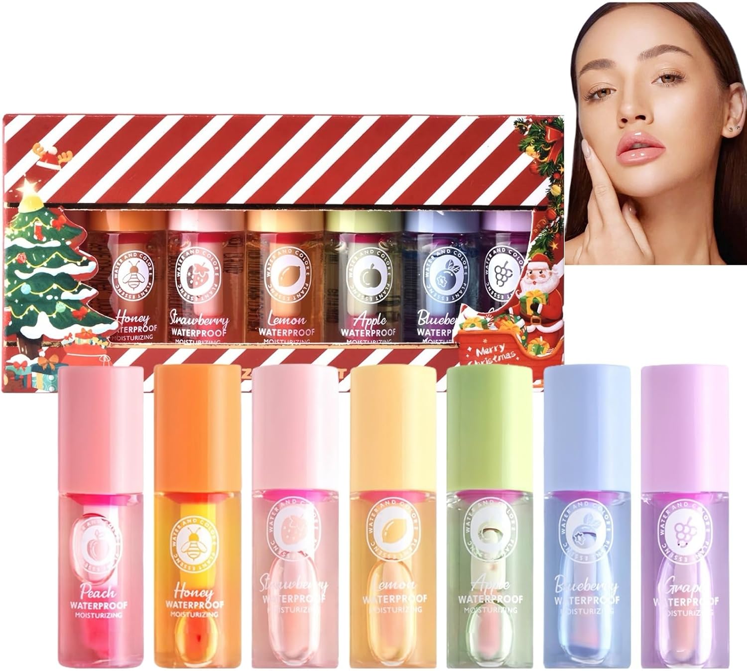 7PC Hydrating Lip Oil Set,Color Changing Lip Gloss&Lip Stain Kit with Extreme Lip Plumper,Long Lasting Lipstick,Waterproof Lip Tint in Red and Pink Shades,Moisturizing Lip Makeup Gift(Chrismas Box)