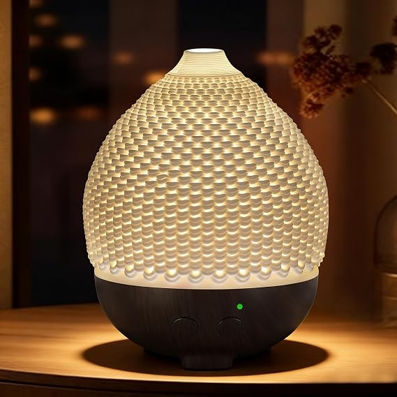 Essential Oils Diffuser Ceramic 250ml - Ultrasonic Aromatherapy Diffuser 3D Printing Dome, Cool Mist Air Freshener with 2 Mist Modes 7 Colors LED Lights, Auto Shut-Off Protection for Home Office Decor
