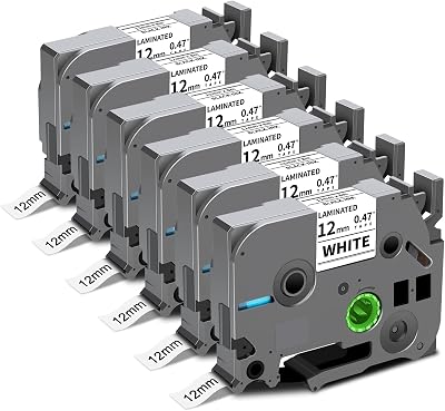 6X TZe-231 TZ Tape 12mm 0.47 Laminated White P Touch Label Replace for Brother Label Maker Tape, Compatible with Brother PTouch Label Maker PTD210 H110 D220 D600 D400 D410 2040, Black on White