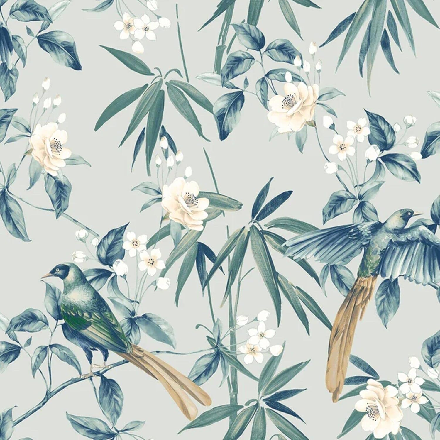 SOPHIE LAURENCE Floral Wallpaper - Birds Grey Blue Green Oriental - Thick Solid Designer Heavy Duty Textured Paste Wallpaper