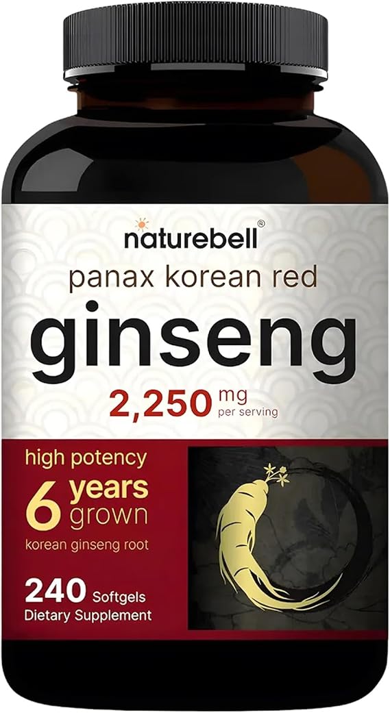 NatureBell Panax Korean Red Ginseng - Long-Lasting Supply of 240 Softgels - 2,250mg Six-Year-Old Red Panax Ginseng Root Extract - Energy & Immune Support* - Standardized 10% Ginsenosides