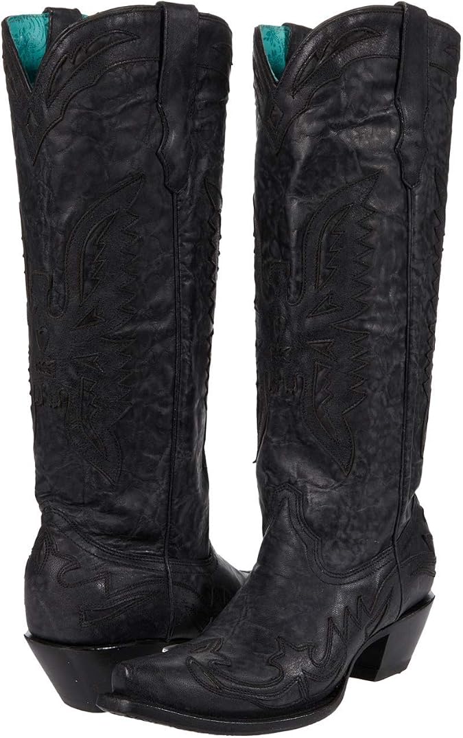 Corral Ladie's Vintage Solid Black Tall Eagle Overlay, Snip Toe, Leather Sole, Western, A4047