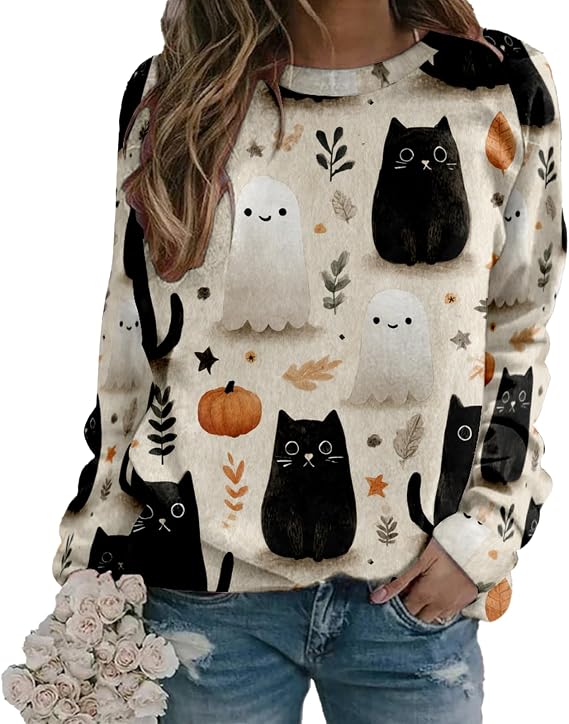 MARSVOVO Halloween Crew Neck Sweatshirts Women Classic Pullover Novelty Graphic Sweatshirt Casual Comfy Spring Fall Tops