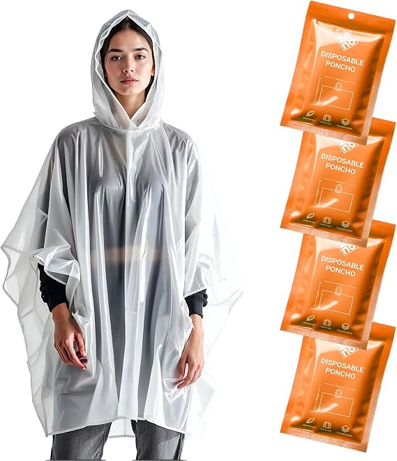ZENO Disposable Rain Ponchos for Adults - Clear with Hood, Compact Emergency Ponchos for Hiking, Camping, Travel