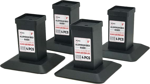 iPrimio Bed Risers 5" Lift, Heavy Duty for Dorm, Aluminum, Black, 4 Pack | Adds 5 inch of lift to beds, sofas, tables and desks and holds up to 9000 lb. Non slip base protects your floors and carpets.