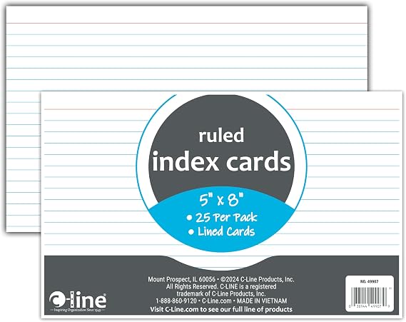 C-Line 5 x 8 Index Cards, White, Ruled, 25/PK (49907)