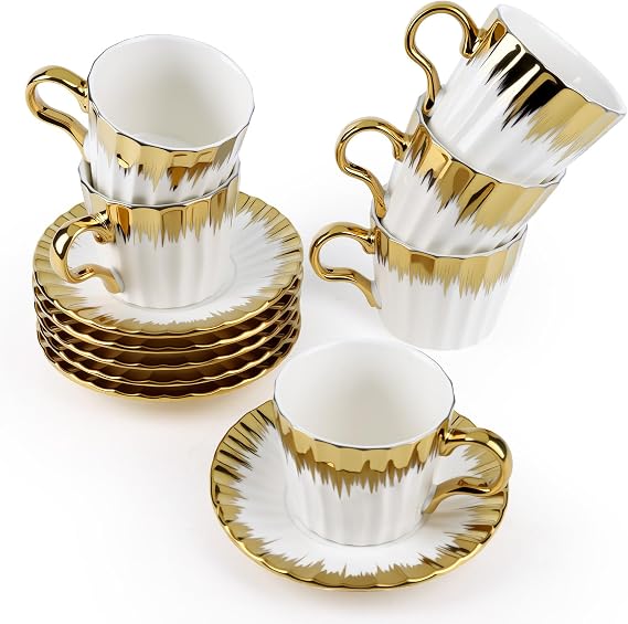 Coffee Cup Set of 6 with Saucers, 3.5 OZ Ceramic Espresso Cups, Deco Golden Turkish Coffee Cup Gift for Cuban Arabic Coffee, Dishwasher & Microwave Safe (Gold Trim)