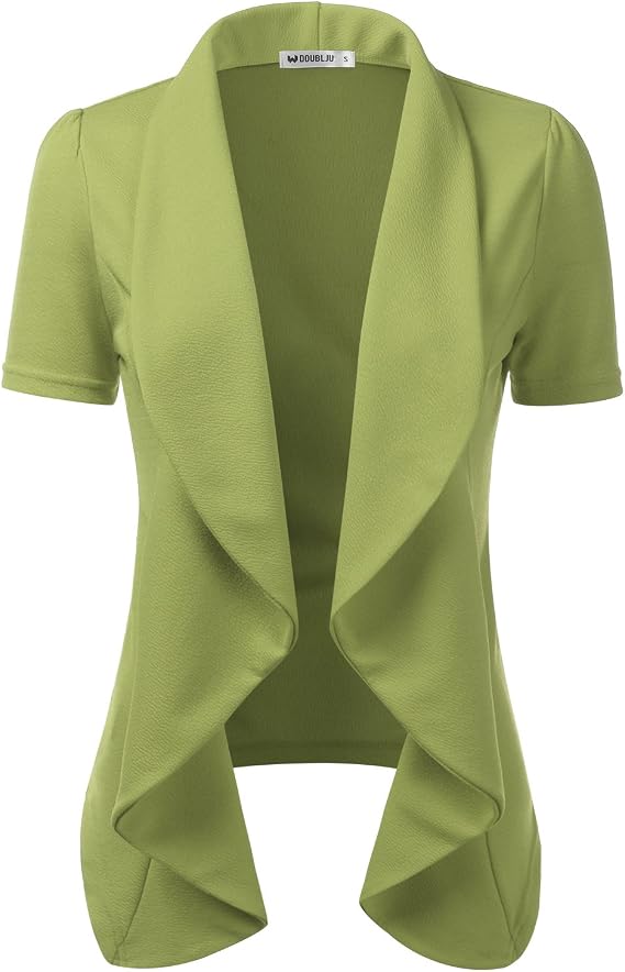 DOUBLJU Casual Draped Ruffles Blazer Short Sleeve Basic Open Front Cardigan Jacket for Womens with Plus Size Work Office Suit