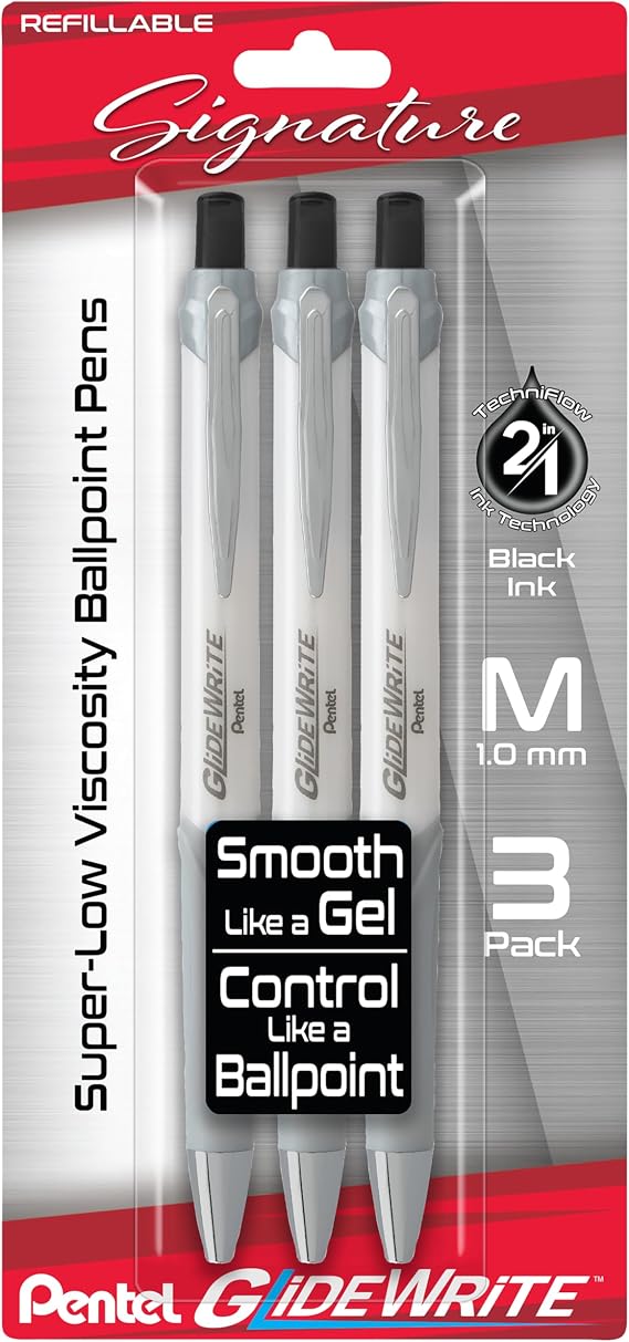 Pentel Glidewrite Signature Ballpoint Pen, (1.0mm) Medium, White Barrel, Black Ink, Pack of 3 (BX930WBP3A)