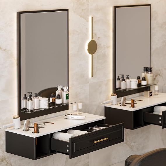 Wall Mount Salon Station with Mirror, Wall Mount Styling Station w/One Drawer, 3 Hair Dryer Holders & Glass Shelf, Beauty Barber Spa Equipment for Hair Stylist(Black)