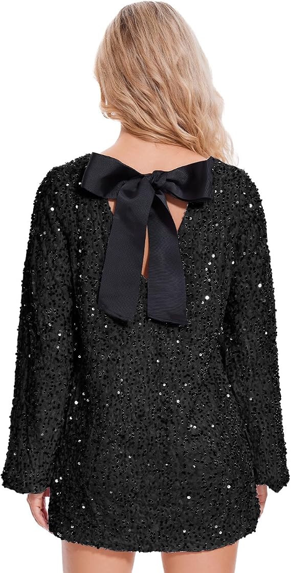 Ypser Women Sequin Dress with Ribbon Bow Tie Long Sleeve Sparkly Mini Dress for Night Out Party Black