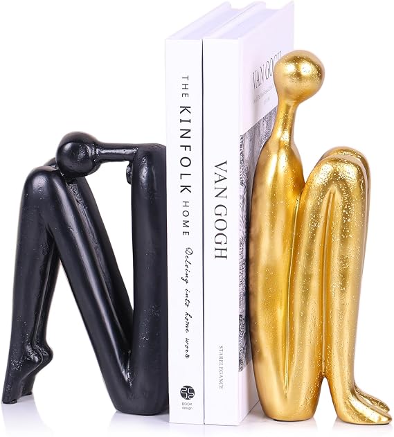 Heavy Bookends for Heavy Books Modern Decorative Book Ends Thinker Statue, Creative Bookends Book Stopper for Shelves, Abstract Sculpture Bookshelf Desk Decor for Home Office (Black and Gold)