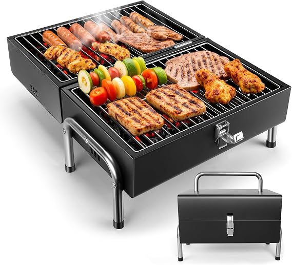 Portable Charcoal Grill, Small Size for Camping | Heavy-duty steel, 270 sq.in grilling area. Easy assembly, tabletop design, for beach, patio, car camping & balcony. Multi-use