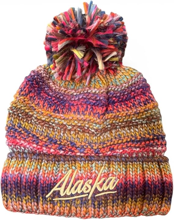 Robin Ruth Alaska Beanie Hat Bulky Knit Quality Variegated Purple Earth Tones Pom Pom