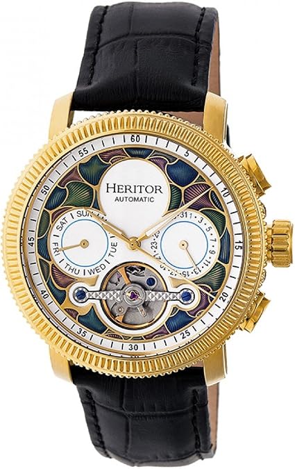 HERITOR Aura Automatic Watch for Men 44mm Men's Skeleton Watch with Jeweled Automatic Movement, 316L Stainless Steel Case, Sapphire-Coated Mineral Crystal, Leather Strap (HERHR3501)