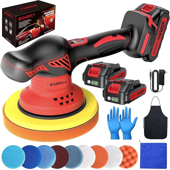 Cordless Car Buffer Polisher kit [8-Speed 6000 RPM, Dual Action (DA) Random Orbital, 2x 21V 2000mAh Batteries & LED Display & 16 PCS Attachments] Easy to use for Scratch Removal, Polishing & Waxing
