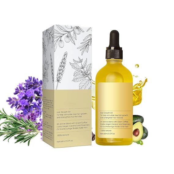 Natural Hair Growth Oil, Rosemary Hair Oil Organic, For Dry, Damaged Hair, Thinning Hair Strengthening & Nourishing Treatment, 60ML