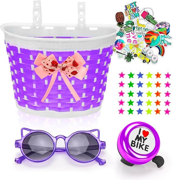 Kids Basket for Girls Boys, Bicycle Accessories with Bell Stickers Wheel Spokes Riding Sunglasses, Bike Decorations