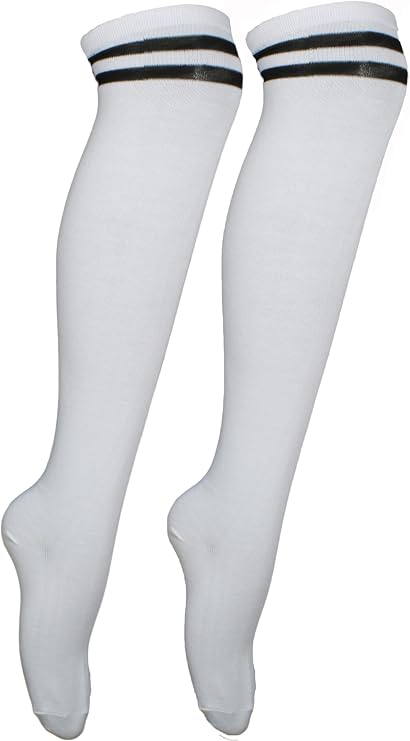 Cherry-on-Top Thigh High Socks & Knee High Stripe Sock � White Over the Knee Socks for Women, Cheerleader Fancy Dress, Pub Golf