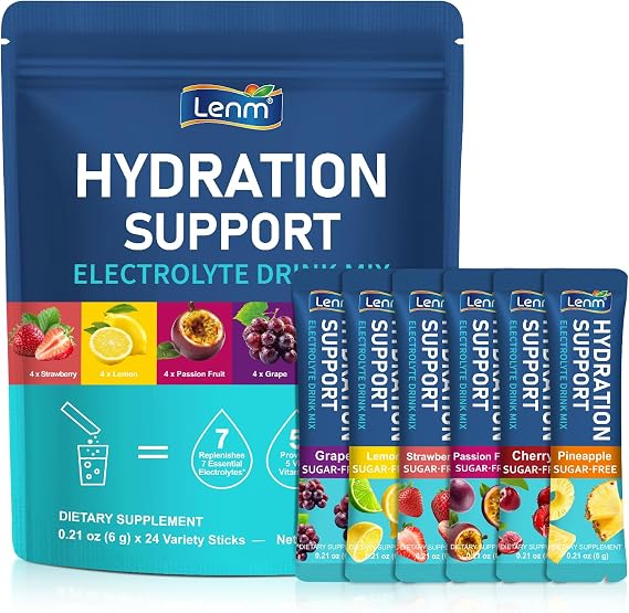 Electrolytes Powder Packets, 24 Hydration Packets with 7 Electrolytes & 5 Vitamins - 0 Sugar, Gluten-Free - 6 Flavors (Pineapple, Grape, Cherry, Passion Fruit, Lemon, Strawberry)