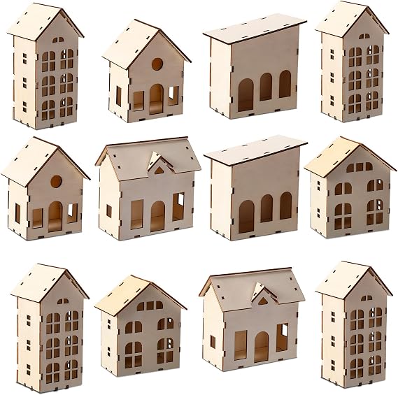 Sawysine 12 Pcs DIY Christmas Village Houses Wooden Crafts Table Decor | Christmas Houses Christmas Village Collection Farmhouse Indoor Room Table Decor, Art and Craft for Adult Kids Party