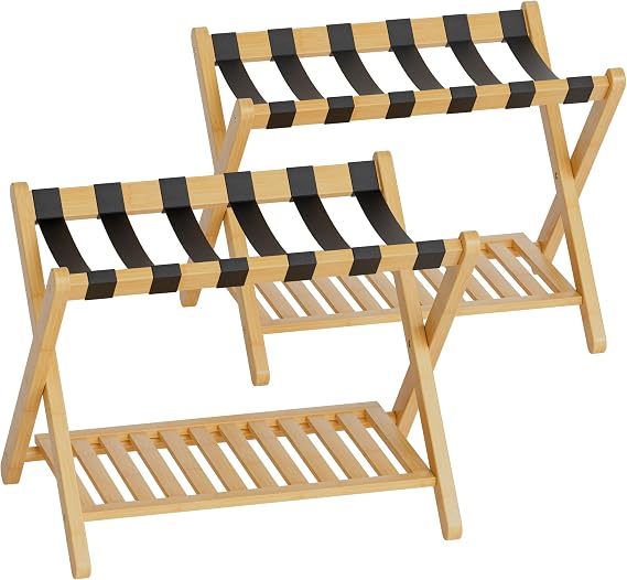 SMIBUY Luggage Rack, Set of 2, Foldable Bamboo Suitcase Stand with Storage Shelf for Guest Room, Bedroom, Hotel, Heavy-Duty (Natural)