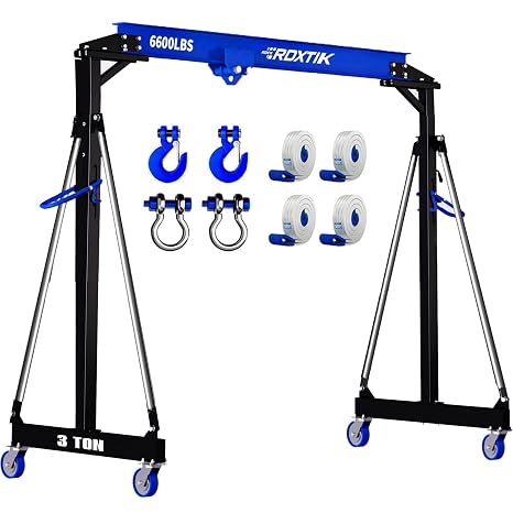 3 Ton 6600LB Gantry Crane, 8.53FT Max Width, 8.53-12.47 FT Adjustable Height Portable Shop Crane with 3 Ton Manual Trolley, Blue