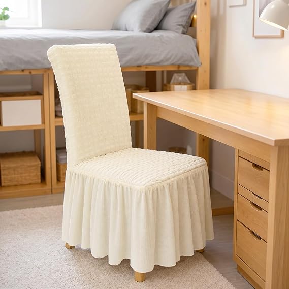 Stretchable Chair Covers with Skirt for Dorm Dining Room Decor, 1Pcs Beige | Easy to Put On, Aesthetic Desk Armless Chair Slipcovers, for College, Office, Dining