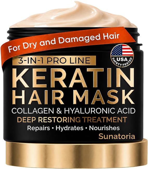 SUNATORIA Keratin Hair Mask - Deep Repair for Dry, Damaged Hair - Hydrolyzed Keratin, Hyaluronic Acid, Argan Oil and Collagen - Sulfate-Free, Paraben-Free | 8.5 fl oz