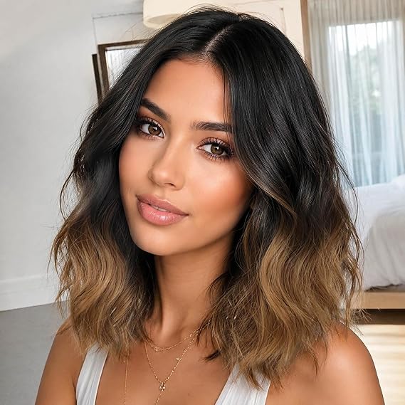 Eawwii Wigs for Women Ombre Brown,Short Wavy Synthetic Lace Wig | Glueless 4x1 Lace Hairline, Heat-Resistant Fiber,Bob Wave Style,Natural Appearance for Everyday Cosplay 14 Inch