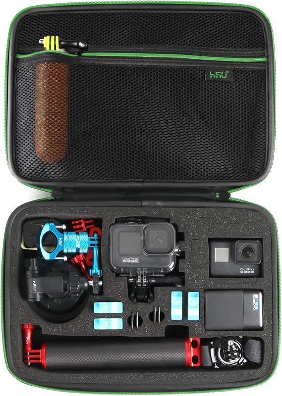 HSU Large Carrying Case for GoPro Hero 12/11/10/9/8/7/6/5 Black and Accessories, DJI Osmo Action, AKASO,Campark, YI Action Camera, and More (Upgrade Sponge Precut Slots) (Green)