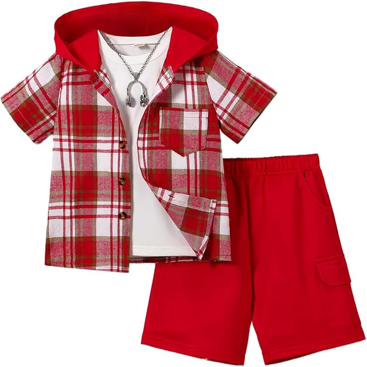 Boys 2 Pieces Clothing Set Plaid Shirt and Cargo Shorts 3-14Y