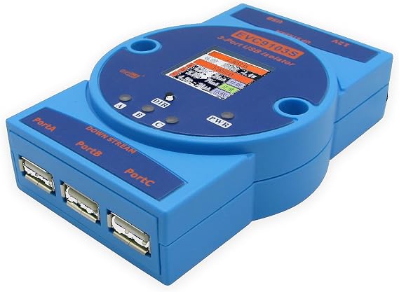 EVC9103S High-Speed USB 2.0 Isolator with LCD Screen - 1500V Isolation, 1-to-3 Ports, 480Mbps, 12V External/USB Power, Voltage/Current/Power Display, Driver-Free (Rail Mount)