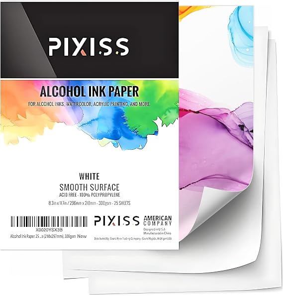 White Alcohol Ink Paper - 25 Sheets Pixiss Heavy Weight Art Paper for Alcohol Ink & Watercolor - Extra Smooth Synthetic Paper A4 8x12 inches, 300gsm