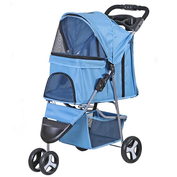 Product Image BBBuy 3 Wheels Foldable Pet Stroller Dog Cat Jogger Stroller Travel Carrier Strolling Cart w/Waterproof Cover Storage Basket Cup Holder & Removable Liner, Blue