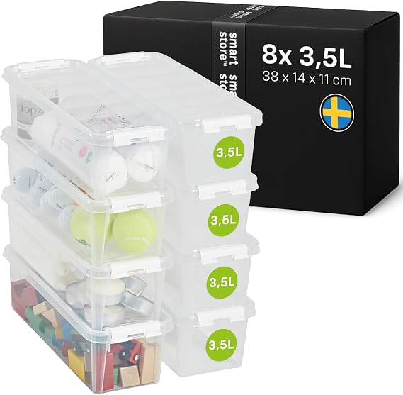 SmartStore 8 x Classic Storage Boxes with Lid 3.5 L (38 x 14 x 11 cm) Stackable Box with Lid Food-Safe Plastic Box Plastic Box with Lid and Reinforced Corners
