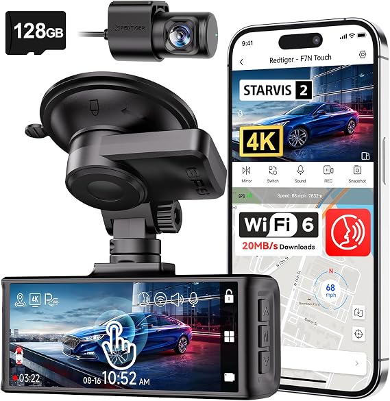 REDTIGER 4K STARVIS 2 Dashcam Front Rear, 5GHz WiFi 20MB/s, Free 128GB Card