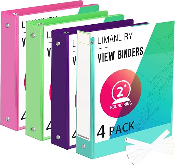 2 Inch Binders, Round 2" 3 Ring Binder, Customizable View Binder with Pockets, Assorted Colors, 4 Pack