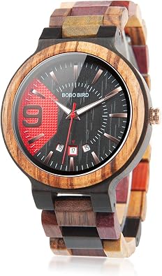 BOBO BIRD Mens Colorful Wooden Watches Analog Quartz Date Display Wood Watch Handmade Luxury Casual Wristwatch with Gifts Box for Men