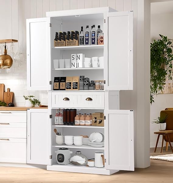 LOUVIXA 72" Kitchen Pantry Storage Cabinet, Freestanding Cupboard with 2 Cabinets, Drawer and Adjustable Shelves, Tall Storage Cabinet for Kitchen, Dinning Room, Living Room (White)