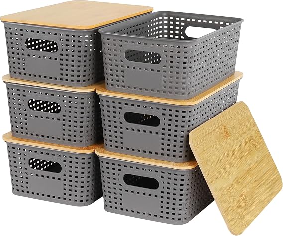 6Pcs Storage Boxes with Lids, Stackable Storage Baskets, Grey