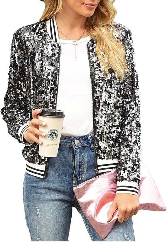 Women's Sequin Jackets Shiny Sparkle Glitter Tops Casual Long Sleeve Coat | Novelty Halloween Party Outfit Bomber Jacket Plus Size Zip Blazer with Pocket