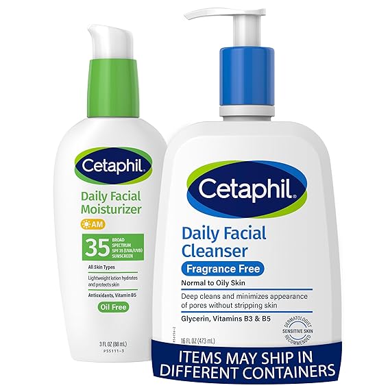 Cetaphil Face Wash, Fragrance Free Daily Facial Cleanser for Sensitive Skin 16 oz + Cetaphil Face Moisturizer, Daily Oil Free Facial Moisturizer with SPF 35, Fragrance Free Face Lotion 3 Fl Oz