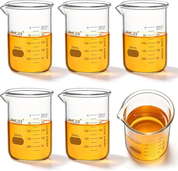 ULAB Scientific Glass Beaker Set, Vol. 300ml, 3.3 Borosilicate Griffin Low Form with Printed Graduation, Pack of 6, UBG1023
