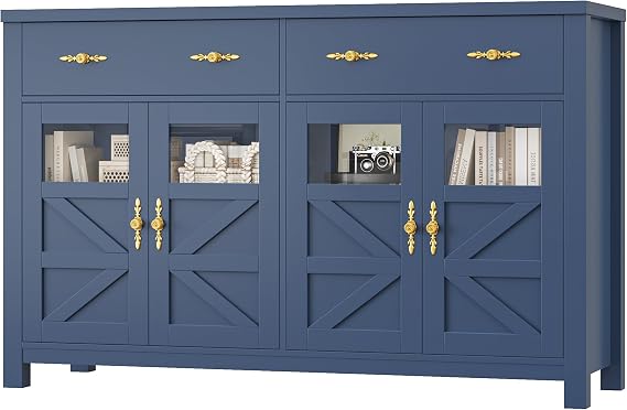 55" Sideboard Buffet Cabinet with Storage, Console Buffet Table | 55" Long Buffet Cabinet with 4 Doors & 2 Large Drawers, Modern Sideboard Coffee Bar Console Table for Kitchen, Blue
