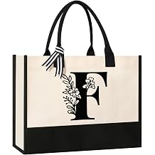 Tecanne Personalized Initial Canvas Tote Bag, Cosmetic Bags, Suitable for Birthday, Wedding, Beach, Holiday, Great Birthday Gifts for Women, Mom, Teachers, Nurses, Best Friends, Bridesmaids (F)