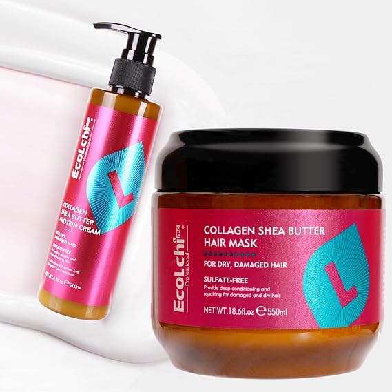 Collagen Shea Butter Hair Mask & Leave In Conditioner Set Hair Treatment Natural Ingredient Deep Repair Conditioning for Dry Damaged Hair All Hair Types 550ml+200ml 18.6floz + 6.8floz