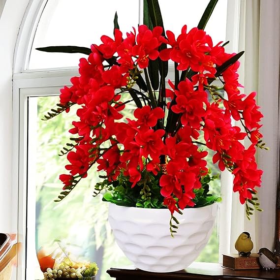 YUANXIN Elegant Artificial Flower Butterfly Orchid Potted Plant Decoration Home Decor Phalaenopsis Fake Flower Pot Living Room Indoor Plastic Flower (red)