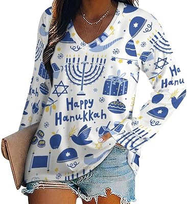 Happy Hanukkah Womens Long Sleeve Shirts V Neck T-Shirt Casual Loose Tops for Women